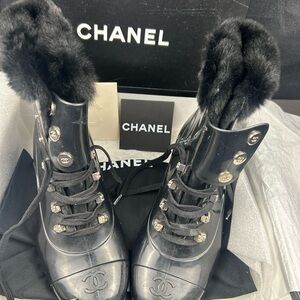 CHANEL Black Glossy Fur-Trimmed Women's Boots